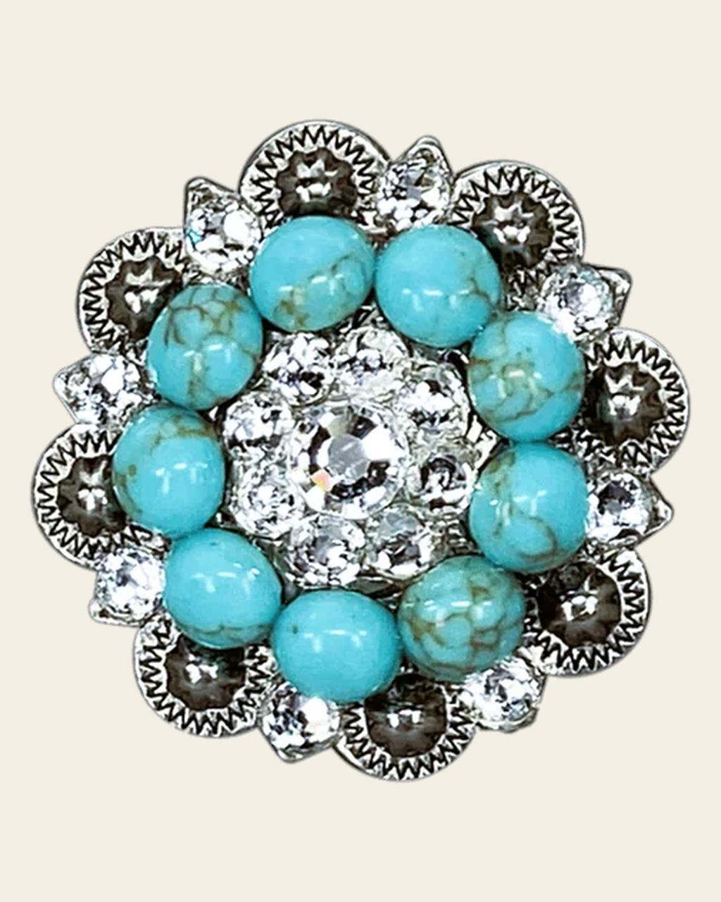 Fashion Turquoise & Clear Antique Silver 1.5" European Crystal Concho on a warm cream background
