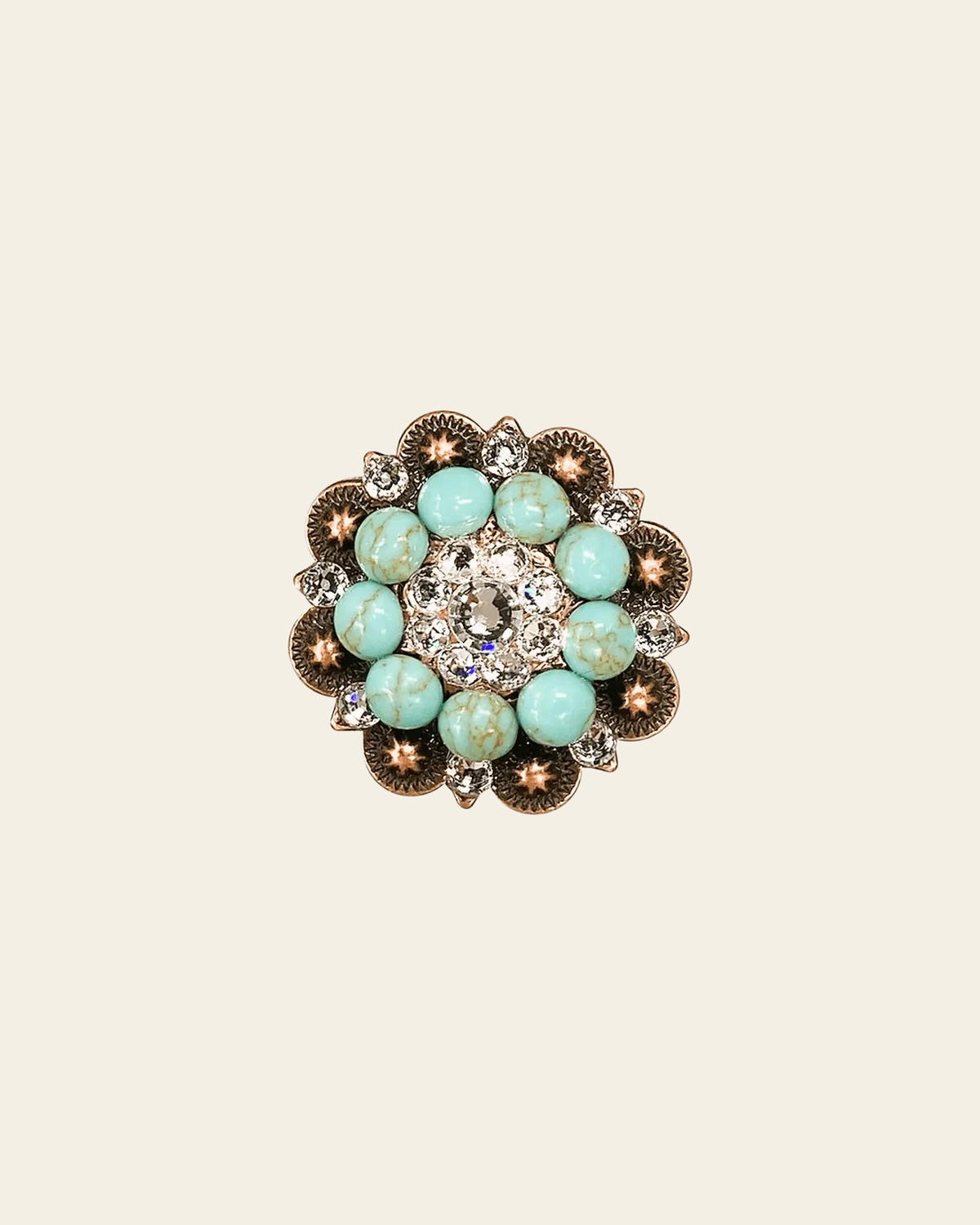Fashion Turquoise & Clear Copper 1.5" European Crystal Concho on a warm cream background
