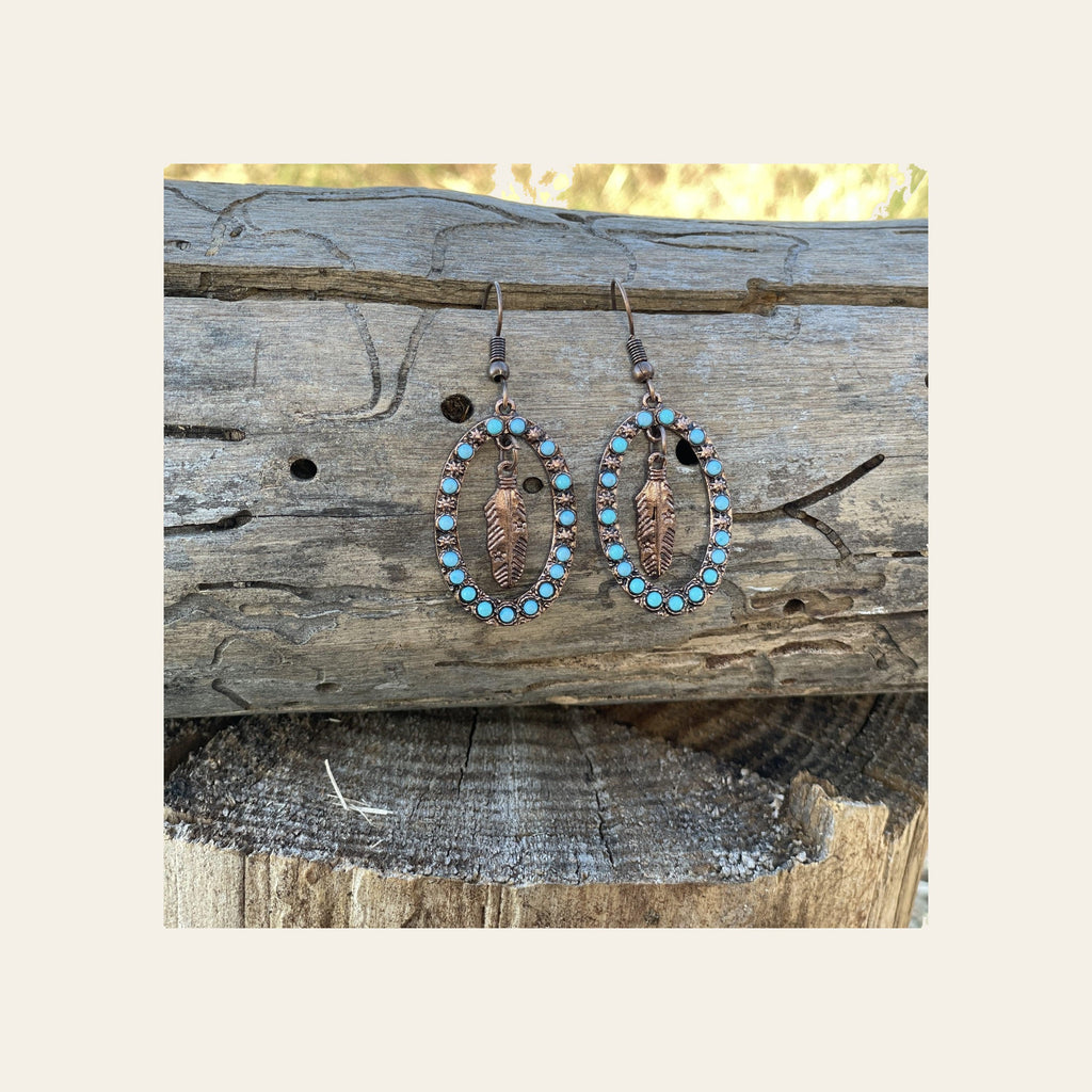Feather and Turquoise Dangling Copper Fashion Earrings WA175