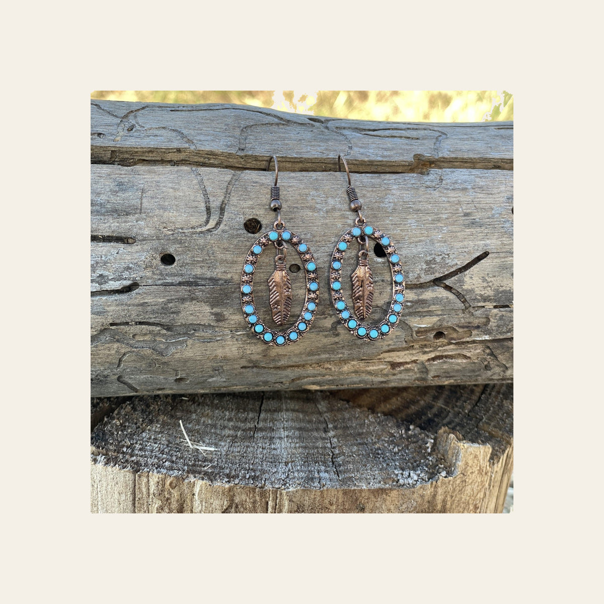 Feather and Turquoise Dangling Copper Fashion Earrings WA175