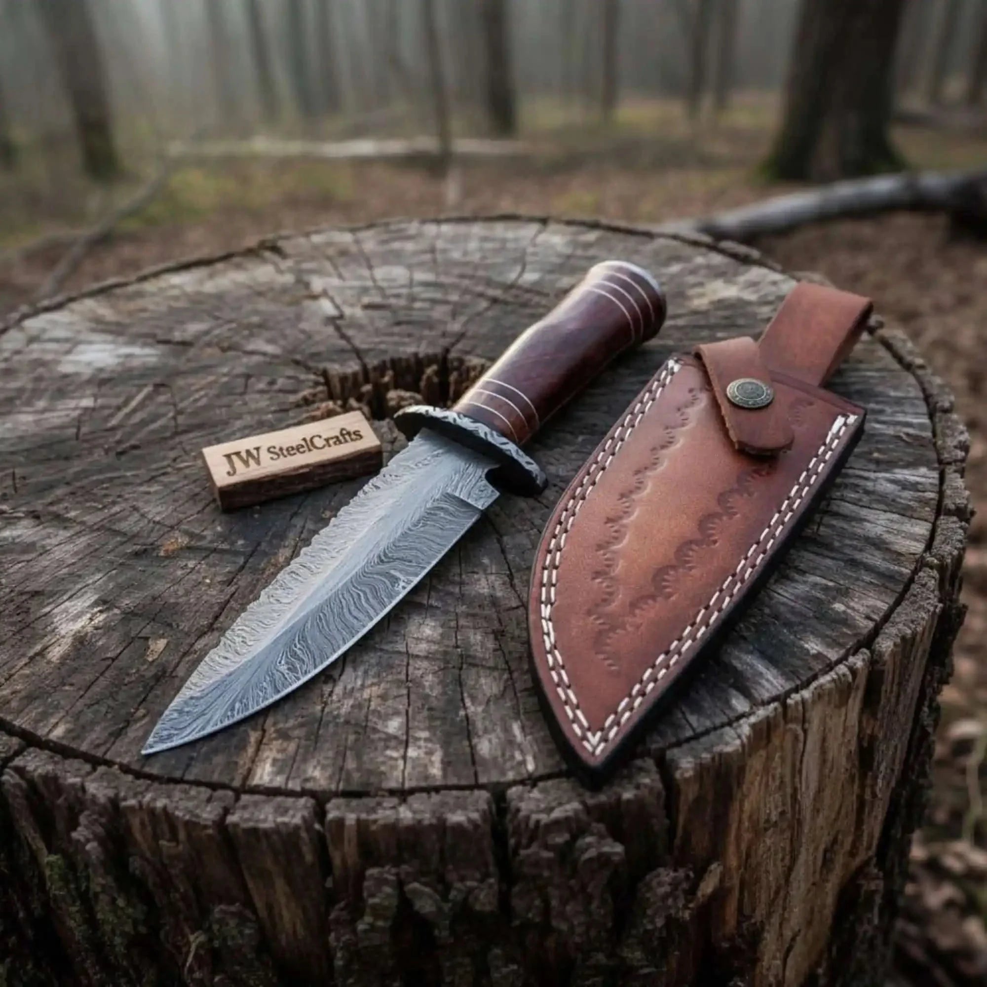 10 Inch Hand Forged Feather Damascus Steel Bowie Knife with Rosewood Handle and Leather Sheath