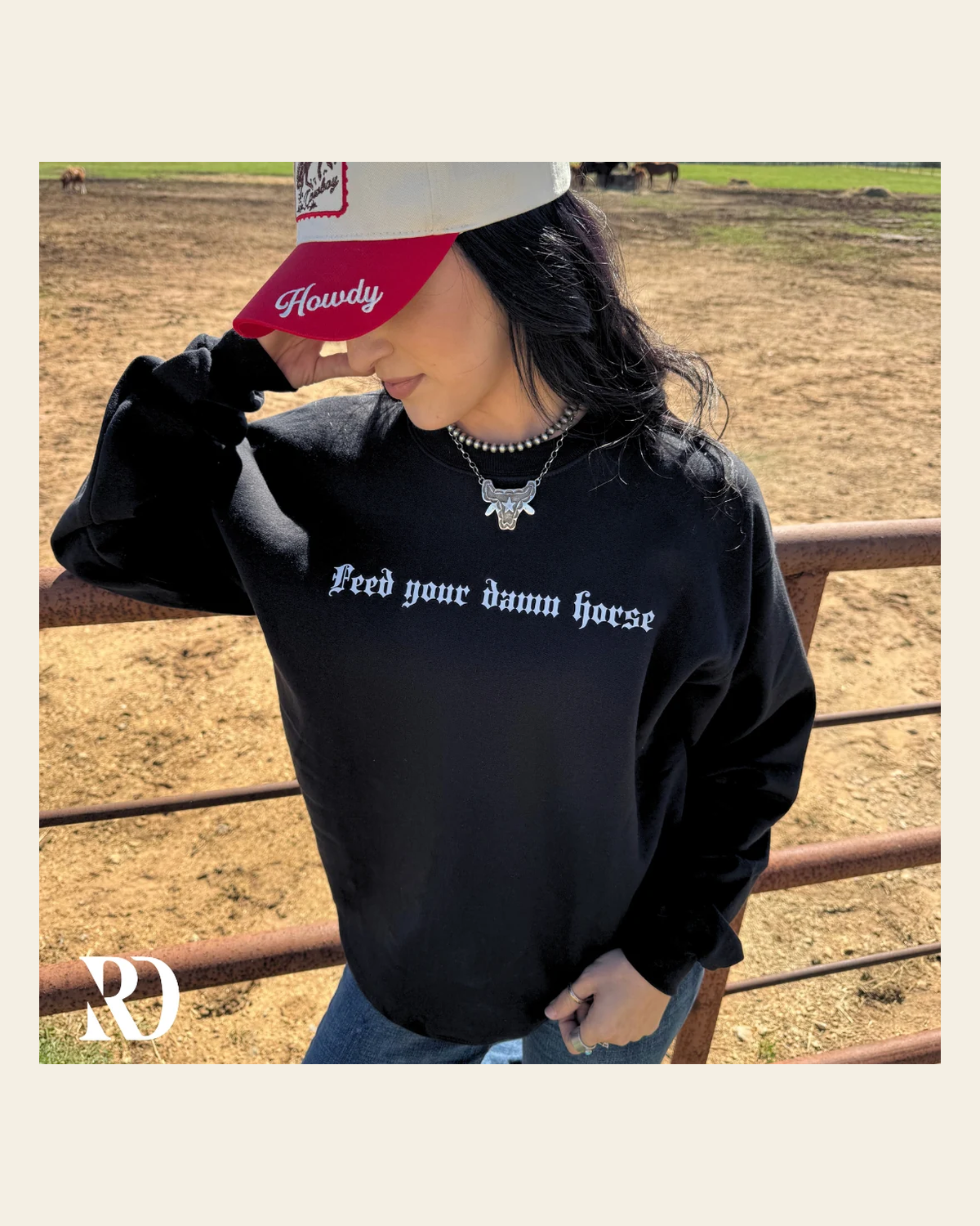Feed Your Damn Horse | Crewneck on a warm cream background