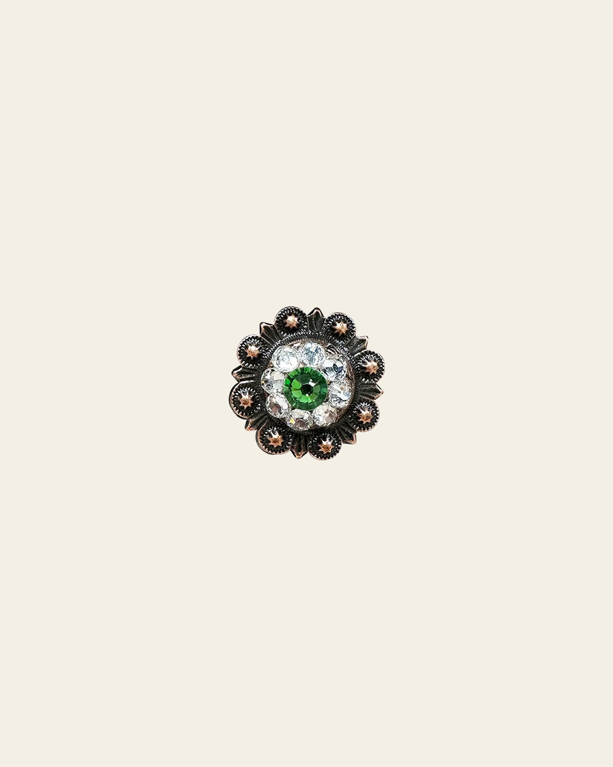 Fern & Clear Copper 1" European Crystal Concho on a warm cream background