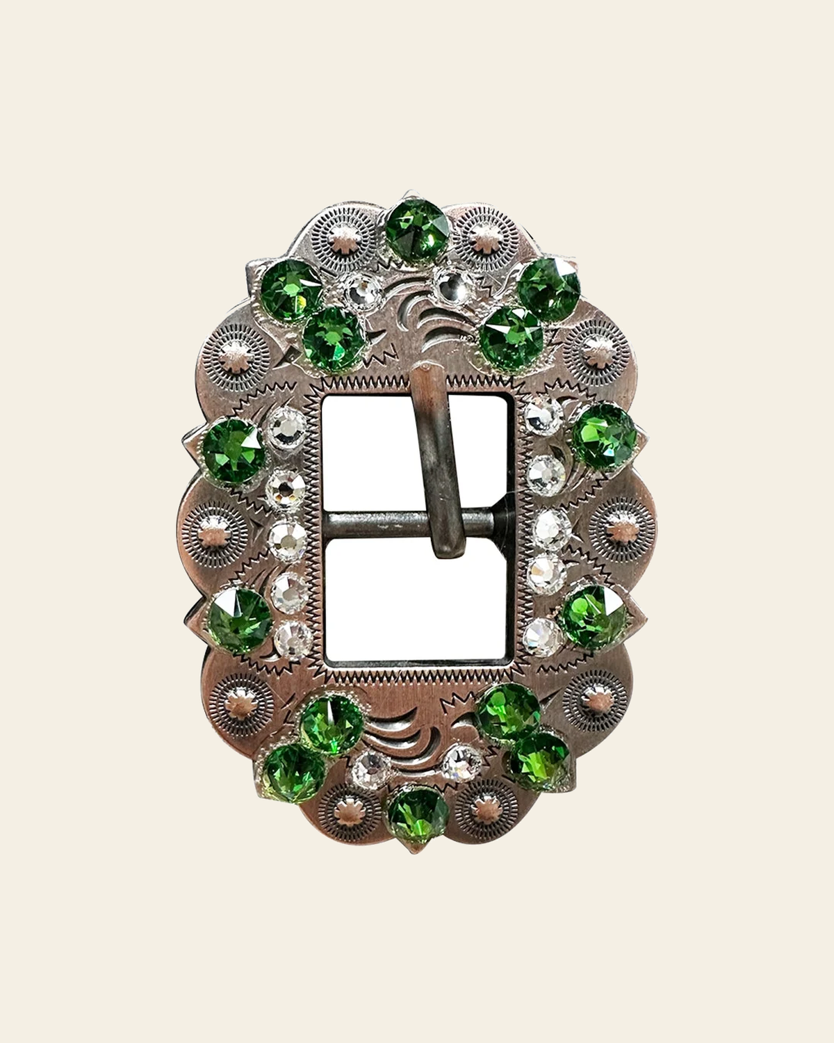 Fern & Clear Copper European Crystal Cart Buckle on a warm cream background