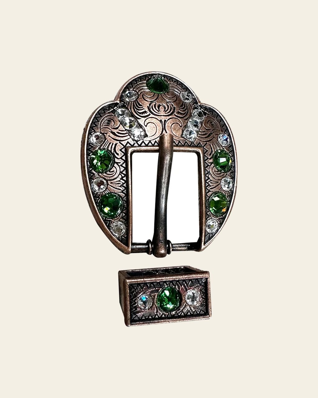 Fern & Clear Copper European Crystal Fancy Buckle on a warm cream background