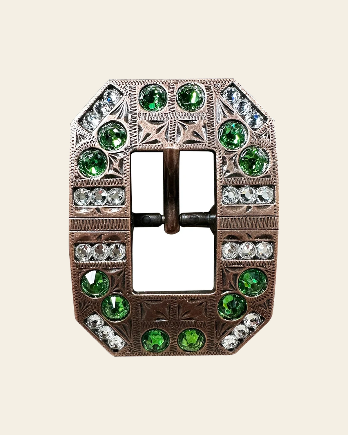 Fern & Clear Copper European Crystal Square Cart Buckle on a warm cream background
