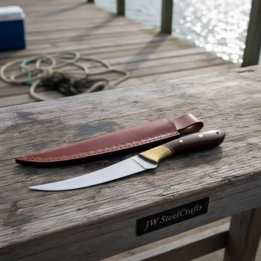 Handmade Full Tang Fillet Knife, 11 inch, Curved Blade, Rosewood Handle