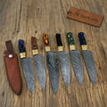 6-Piece Handmade Damascus Kitchen Knife Set – Mixed Resin Handles & Brass Bolsters | 13-Inch Blades | Leather Sheaths & Engraving Available