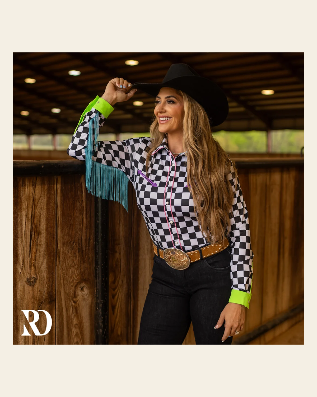 Finish Line Fringe Performance Rodeo Shirt on a warm cream background