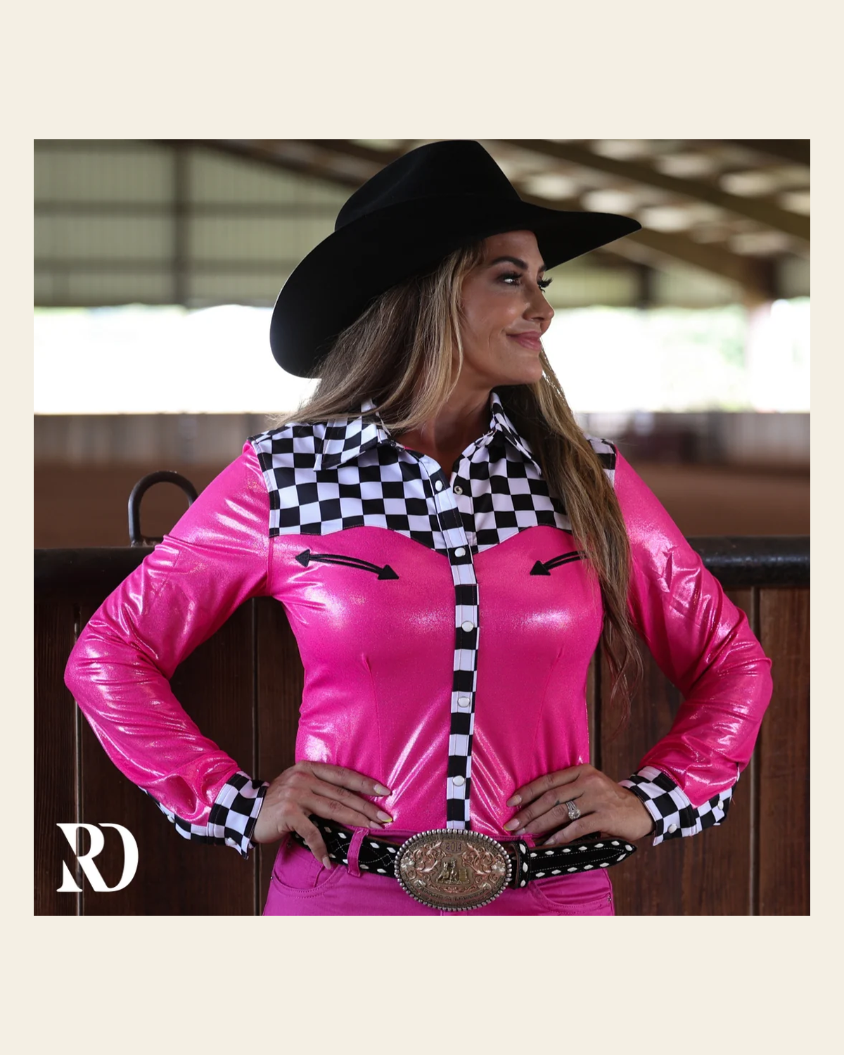 Finish Line Hot Pink Sparkle Rodeo Shirt on a warm cream background