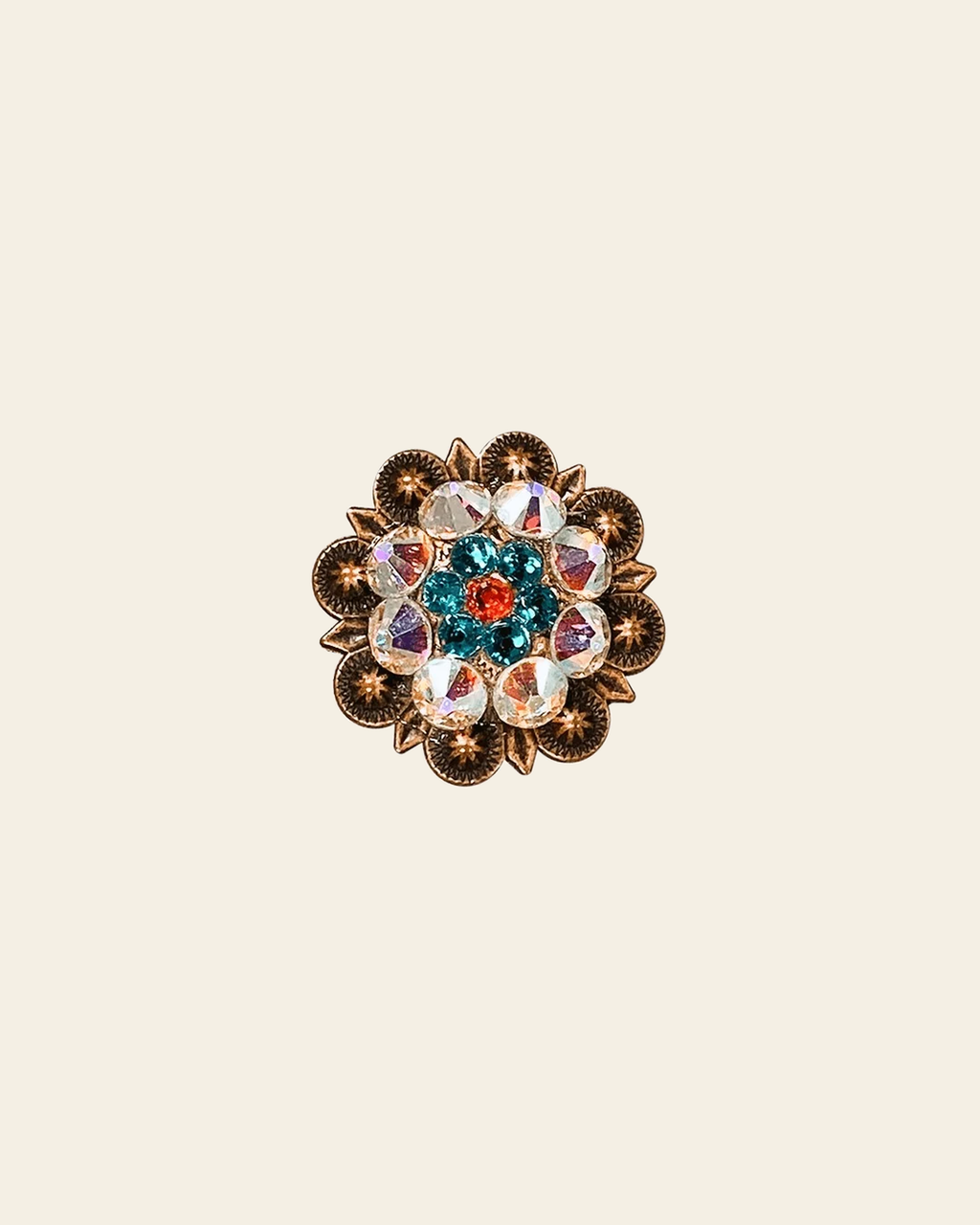 Fire Opal Teal & AB Copper 1.25" European Crystal Concho on a warm cream background
