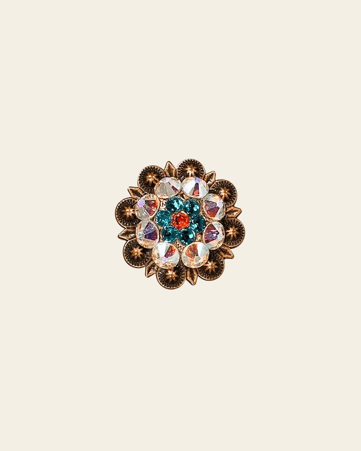 Fire Opal Teal & AB Copper 1.25" European Crystal Concho on a warm cream background