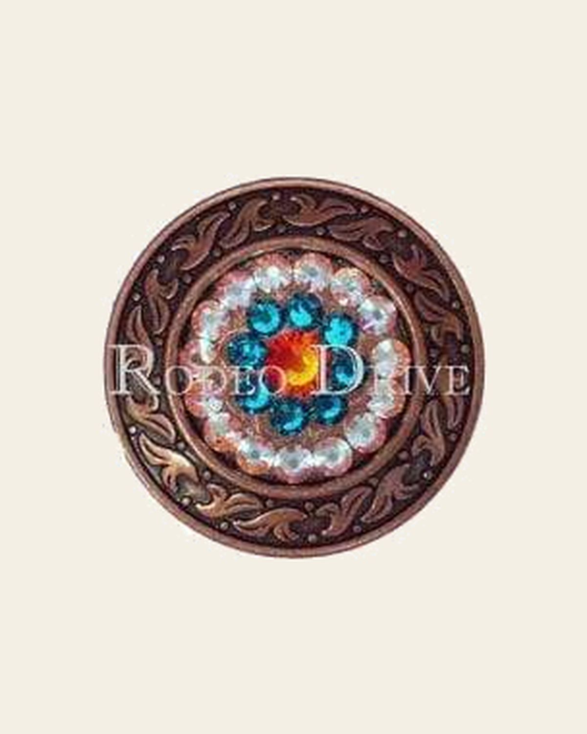Fire Opal Teal & AB Copper 1.5" Disc European Crystal Concho on a warm cream background