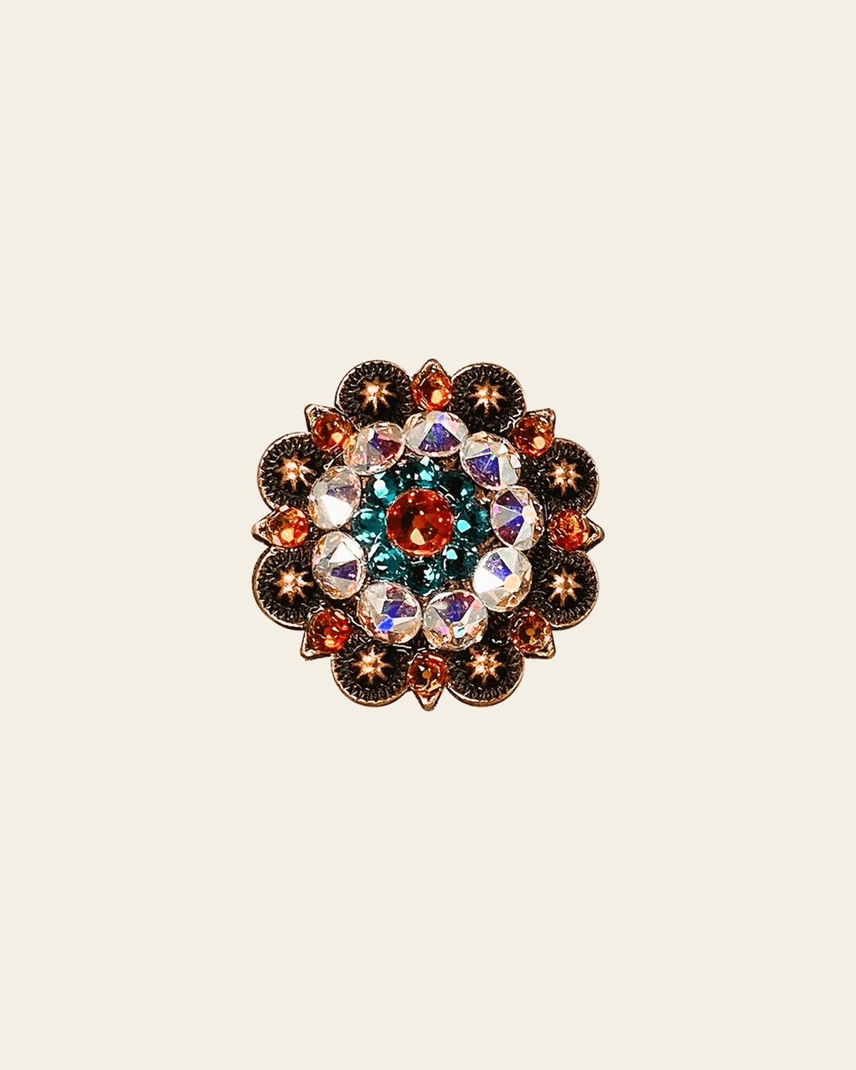Fire Opal Teal & AB Copper 1.5" European Crystal Concho on a warm cream background