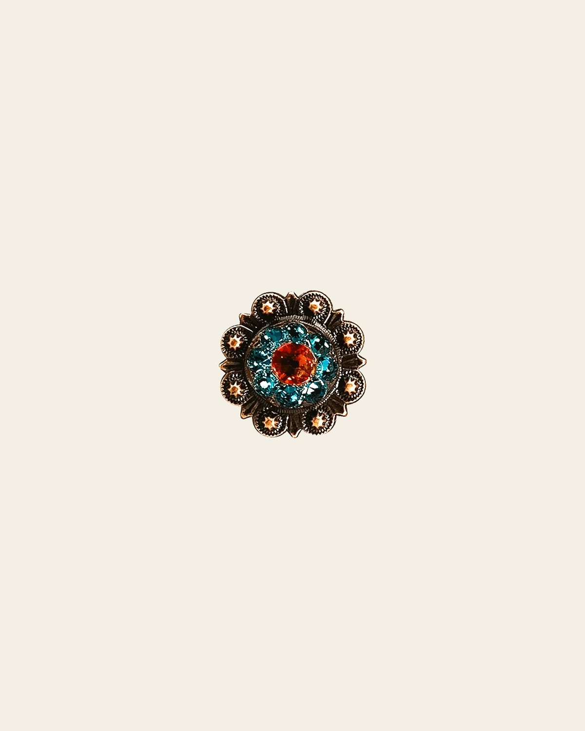 Fire Opal & Teal Copper 1" European Crystal Concho on a warm cream background