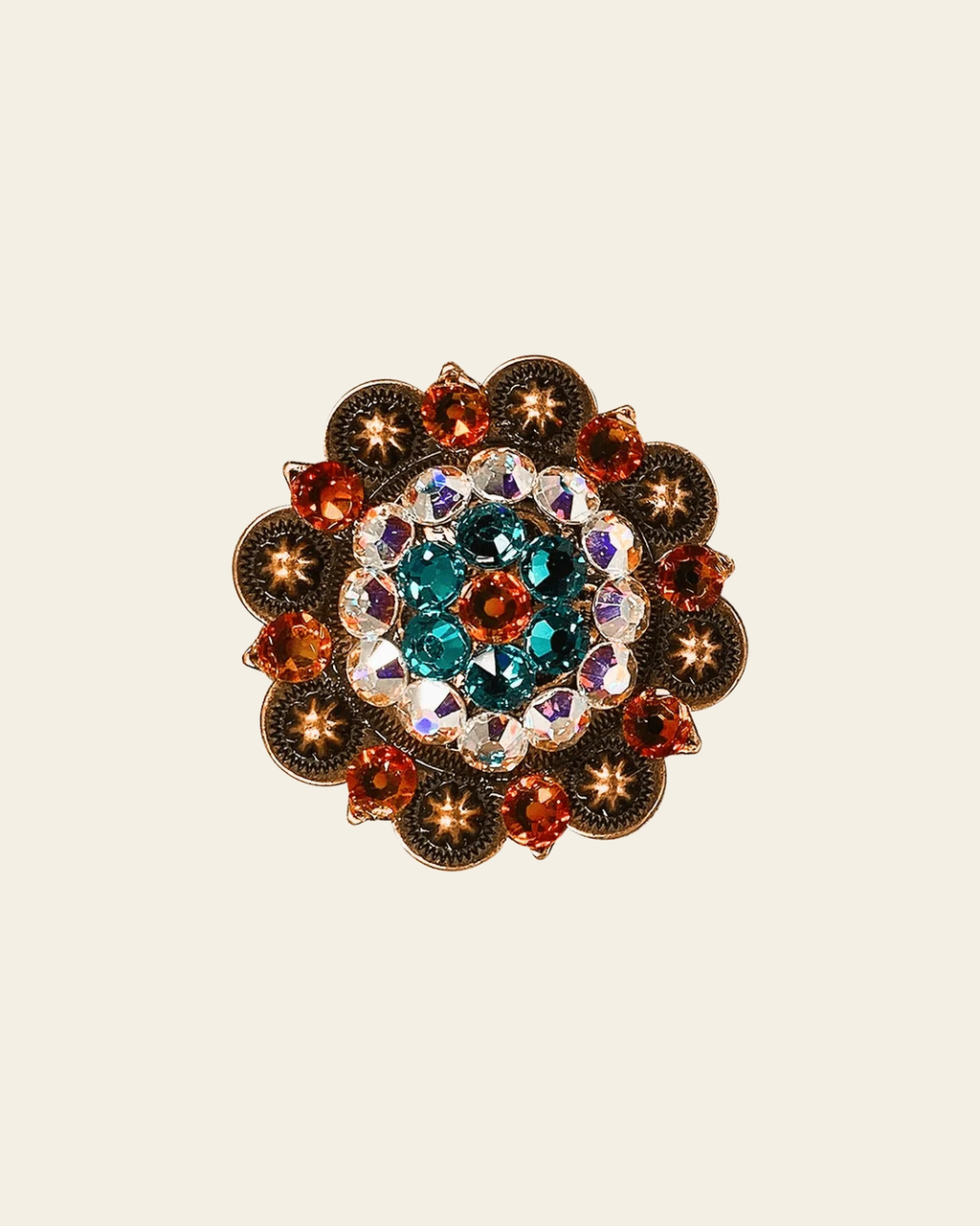 Fire Opal Teal & AB Copper 2" European Crystal Concho on a warm cream background