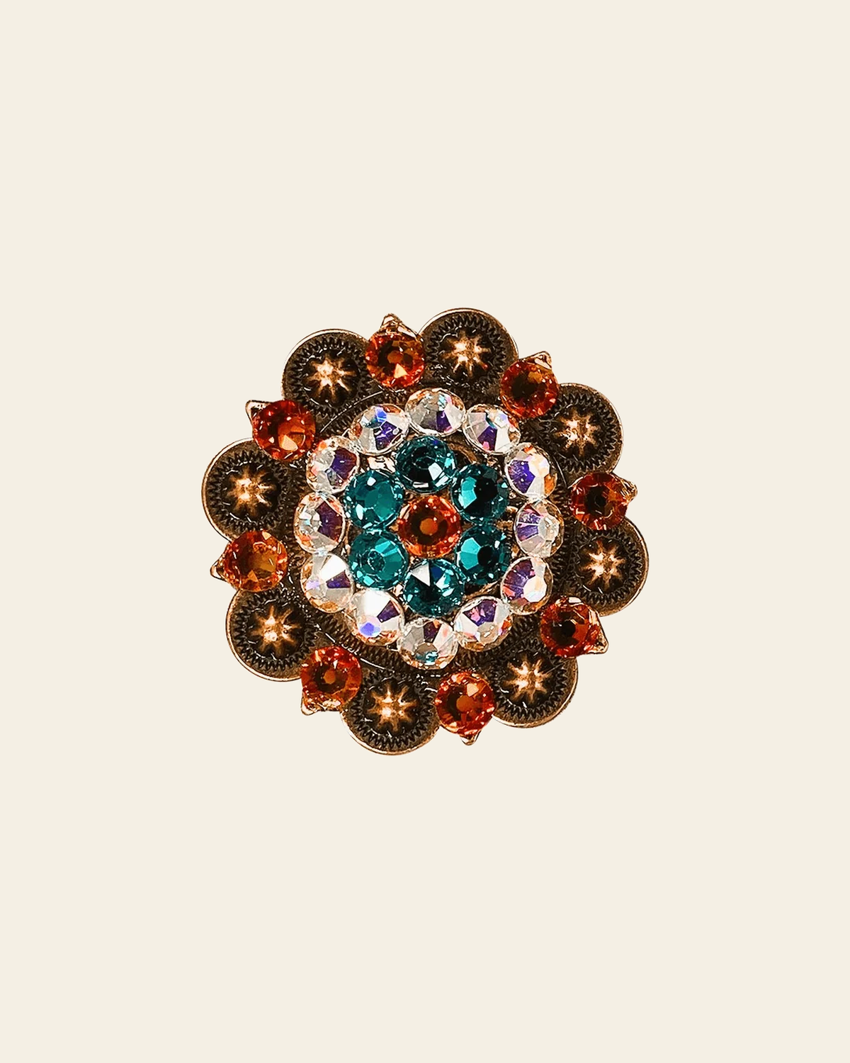 Fire Opal Teal & AB Copper 2" European Crystal Concho on a warm cream background