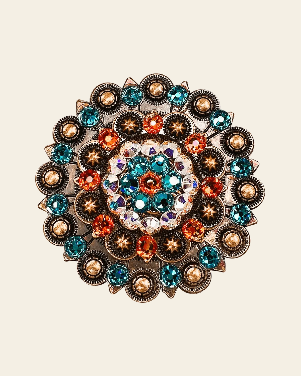 Fire Opal Teal & AB Copper Berry Jacket European Crystal on a warm cream background