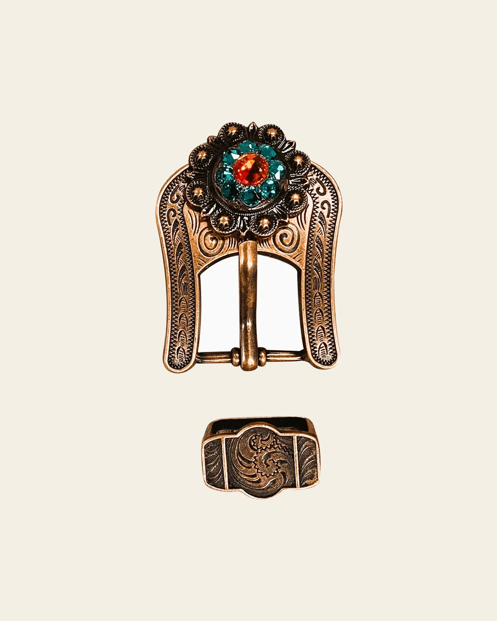 Fire Opal Teal & AB Copper European Crystal Buckle Keeper Set on a warm cream background