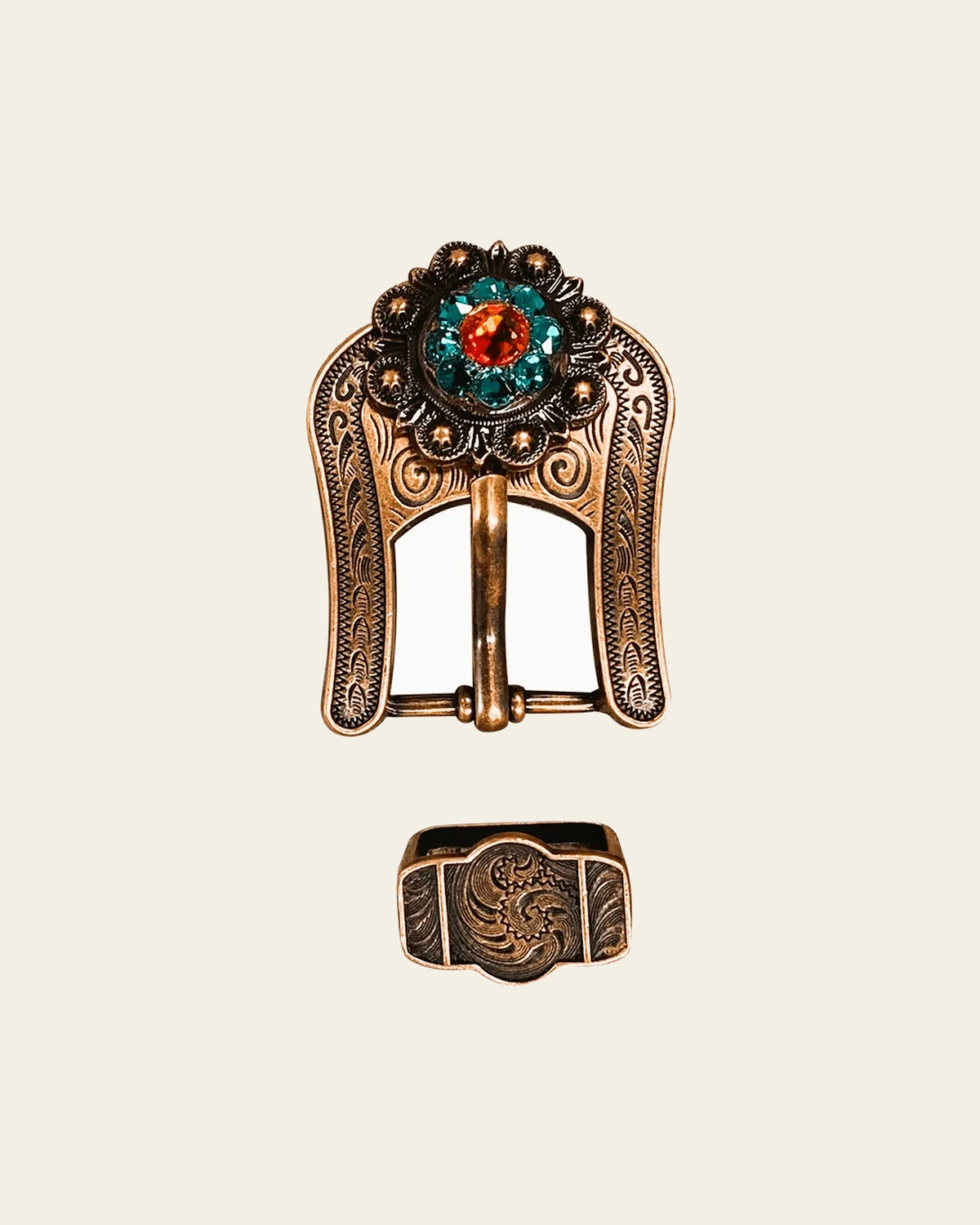 Fire Opal Teal & AB Copper European Crystal Buckle Keeper Set on a warm cream background