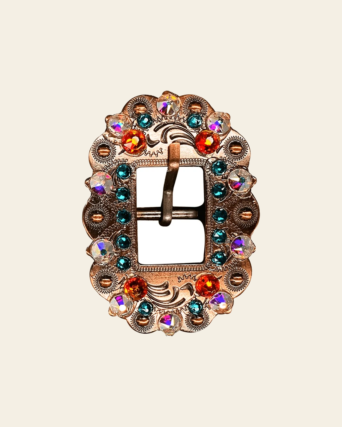 Fire Opal Teal & AB Copper European Crystal Cart Buckle on a warm cream background