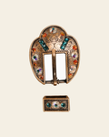 Fire Opal Teal & AB Copper European Crystal Fancy Buckle on a warm cream background