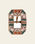 Fire Opal Teal & AB Copper European Crystal Square Cart Buckle on a warm cream background