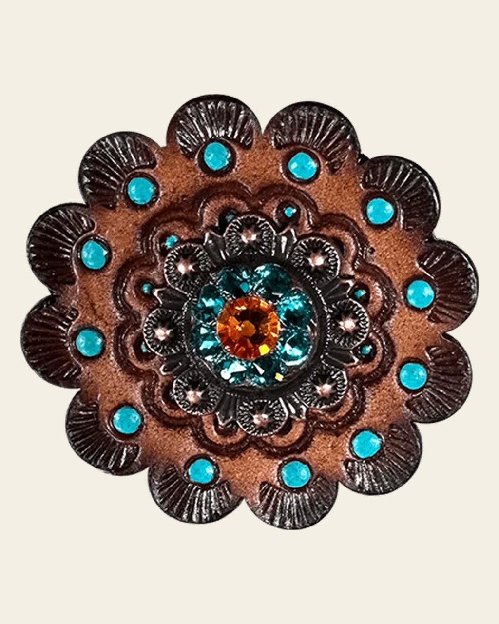 Fire Opal & Teal Copper 1" European Crystal Concho and Leather Rosette on a warm cream background