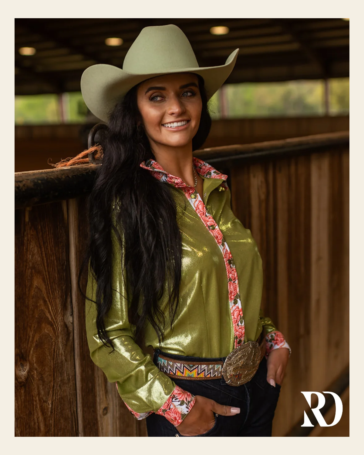 First Date & Olive Sparkle Performance Rodeo Shirt on a warm cream background