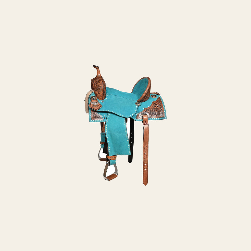 Hilason Western Horse Barrel Flex Tree Trail American Leather Saddle Turquoise Gorgeous Floral Hand Tooled & Carved
