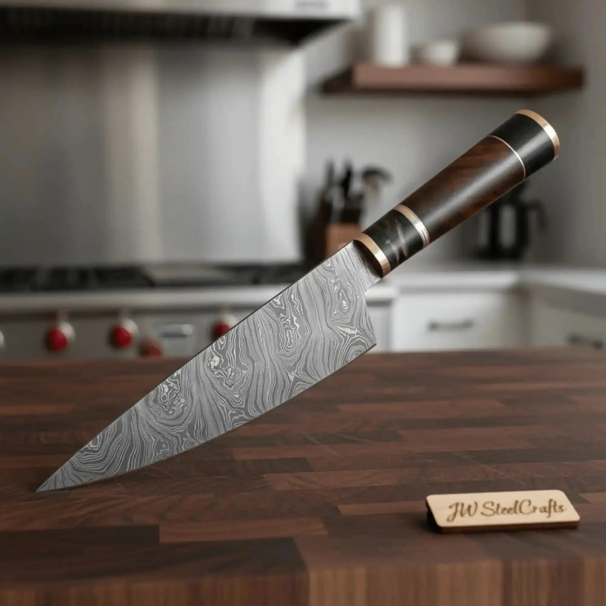 JW SteelCrafts Kiritsuke Butcher Slicer, Hand-forged Damascus, Brass-Capped Hardwood Handle