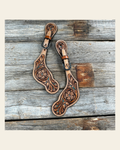 Floral and Teal Dot Tooled Spur Straps on a warm cream background