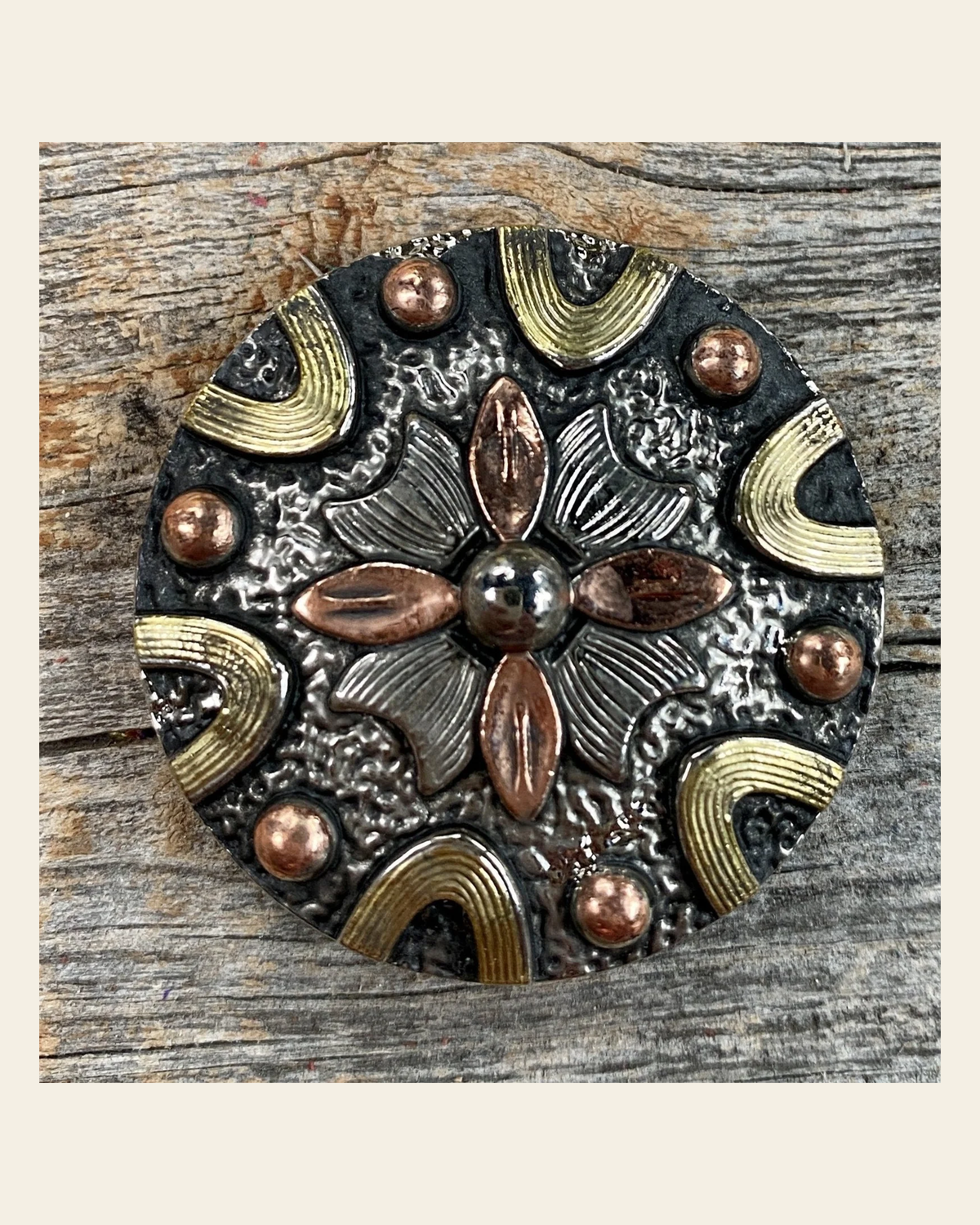 Floral Dots Antique Silver Western Concho 1.5" W147L on a warm cream background