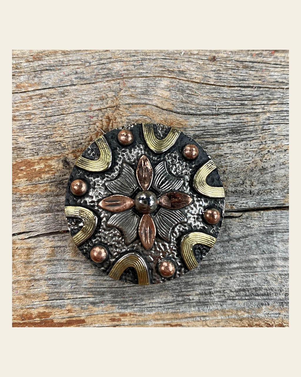 Floral Dots Antique Silver Western Concho 1" W147S on a warm cream background