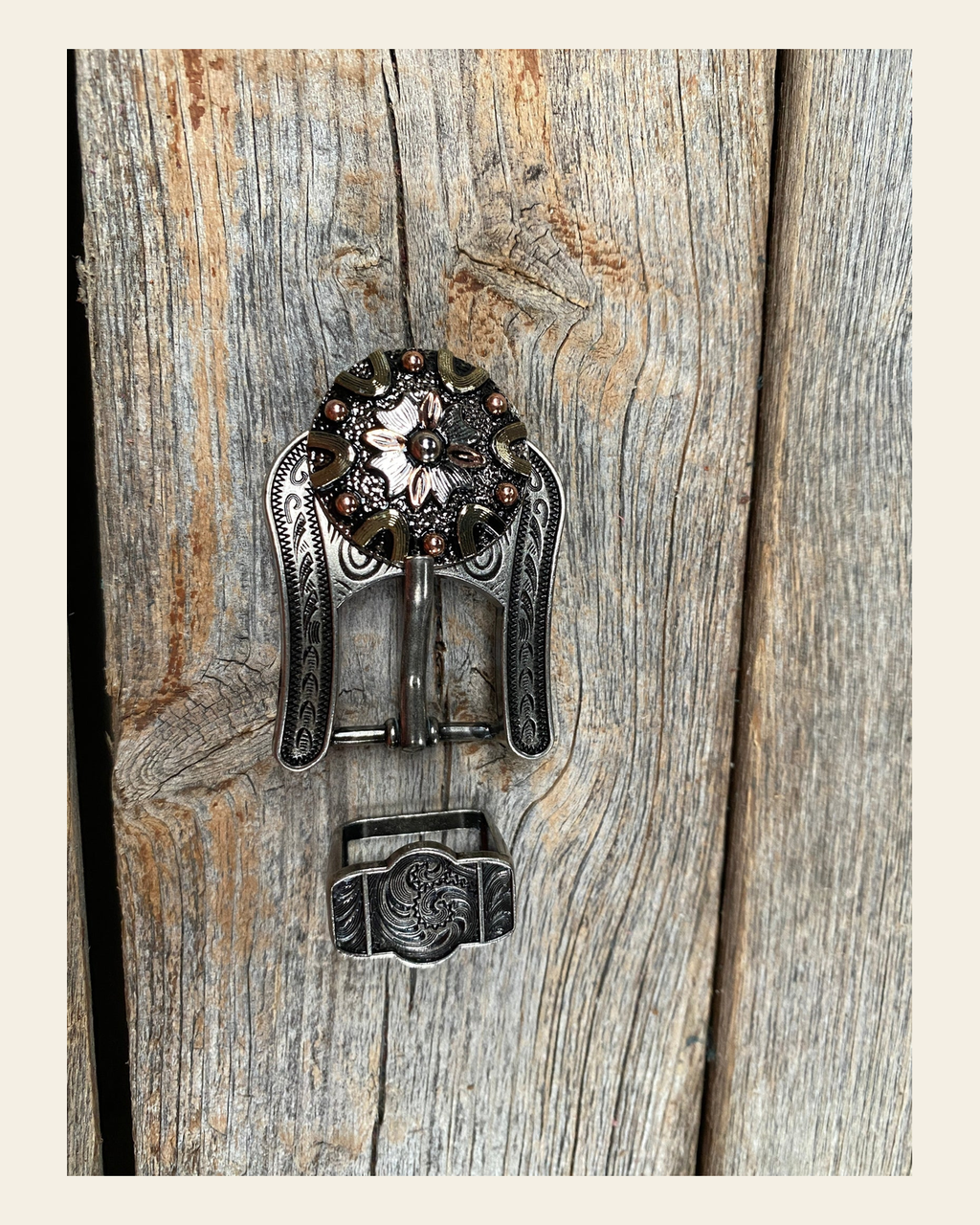 Floral Dots Antique Silver Western Concho Buckle Adapter W147ASBA on a warm cream background