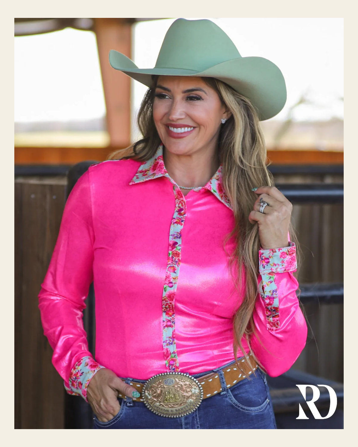 Floral & Fuchsia Sparkle Performance Rodeo Shirt on a warm cream background