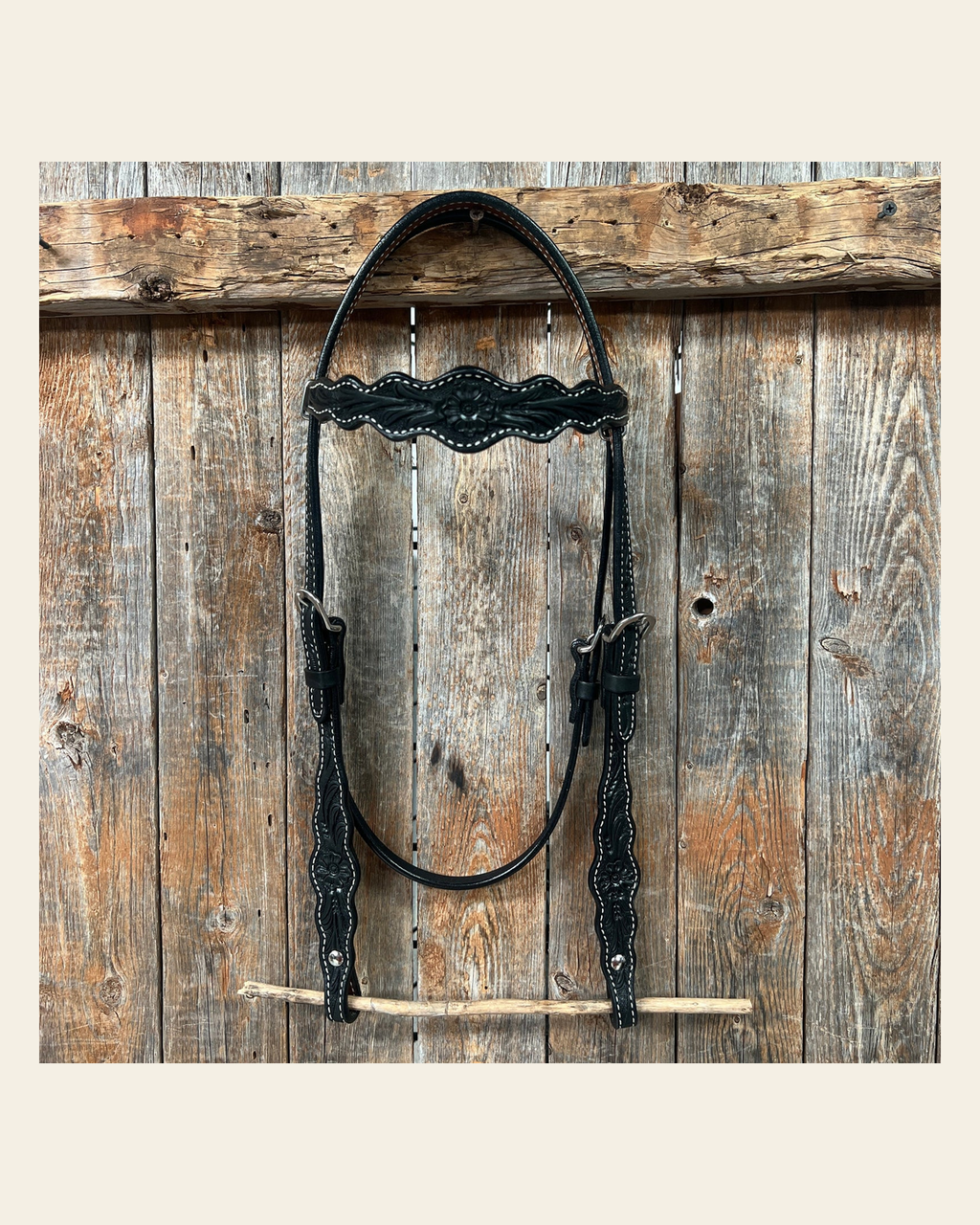 Floral Scalloped Black Browband Headstall / Bridle on a warm cream background
