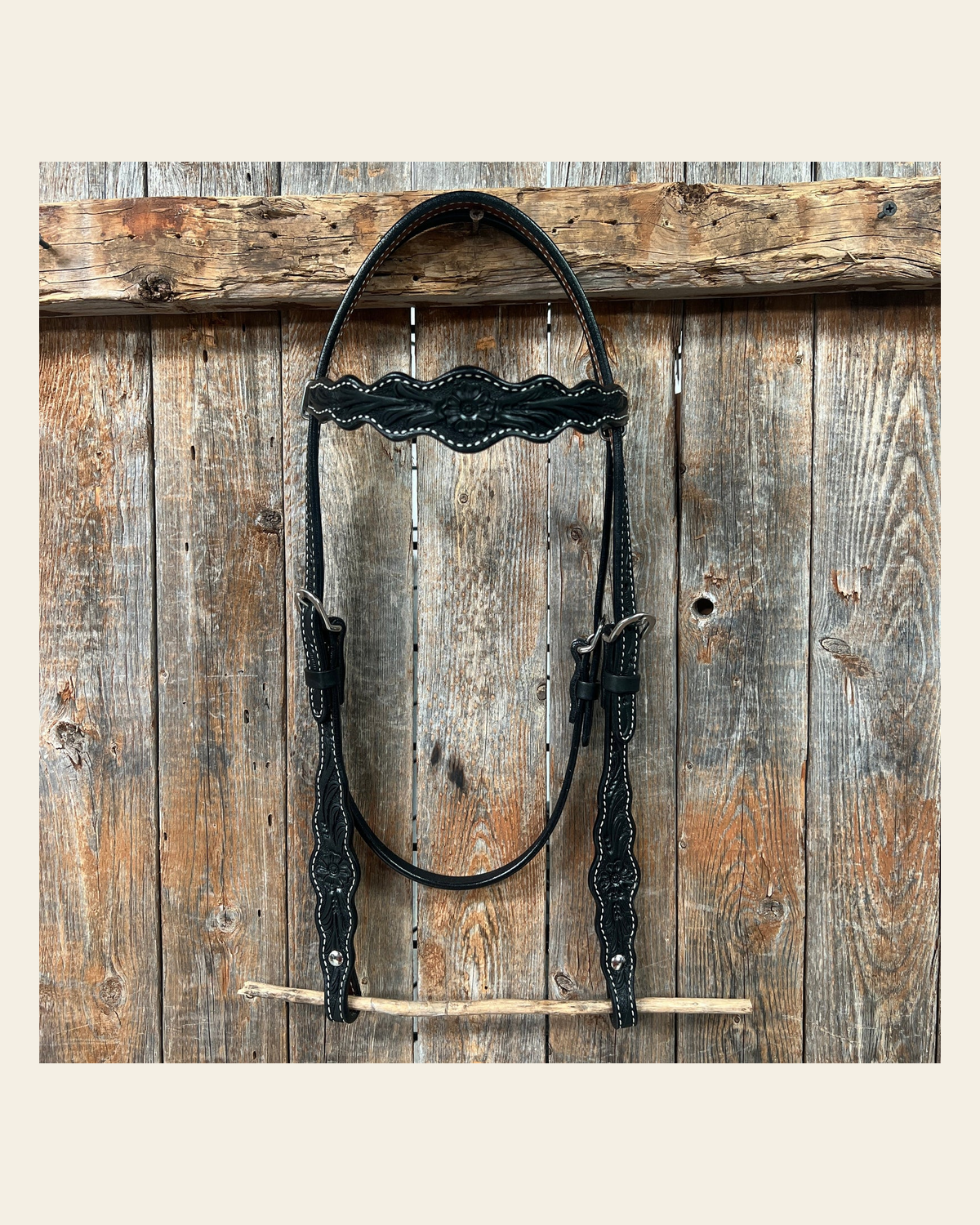 Floral Scalloped Black Browband Headstall / Bridle on a warm cream background
