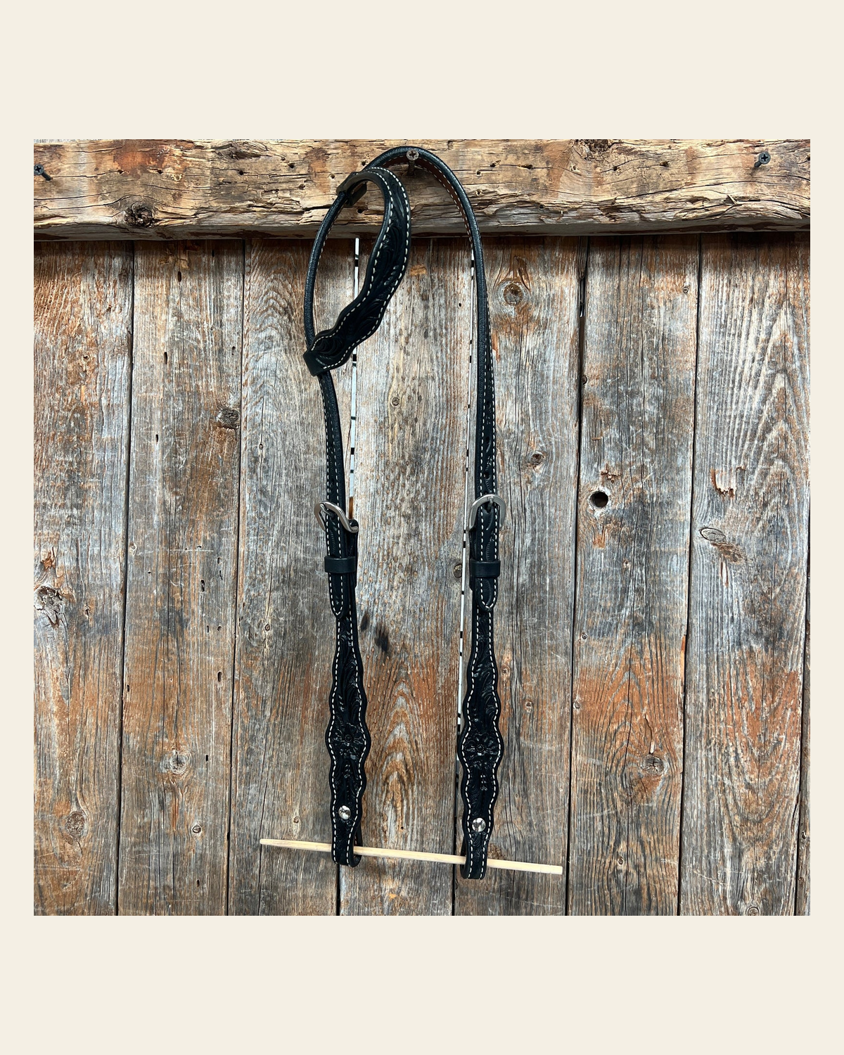 Floral Scalloped Black One Ear Headstall / Bridle on a warm cream background