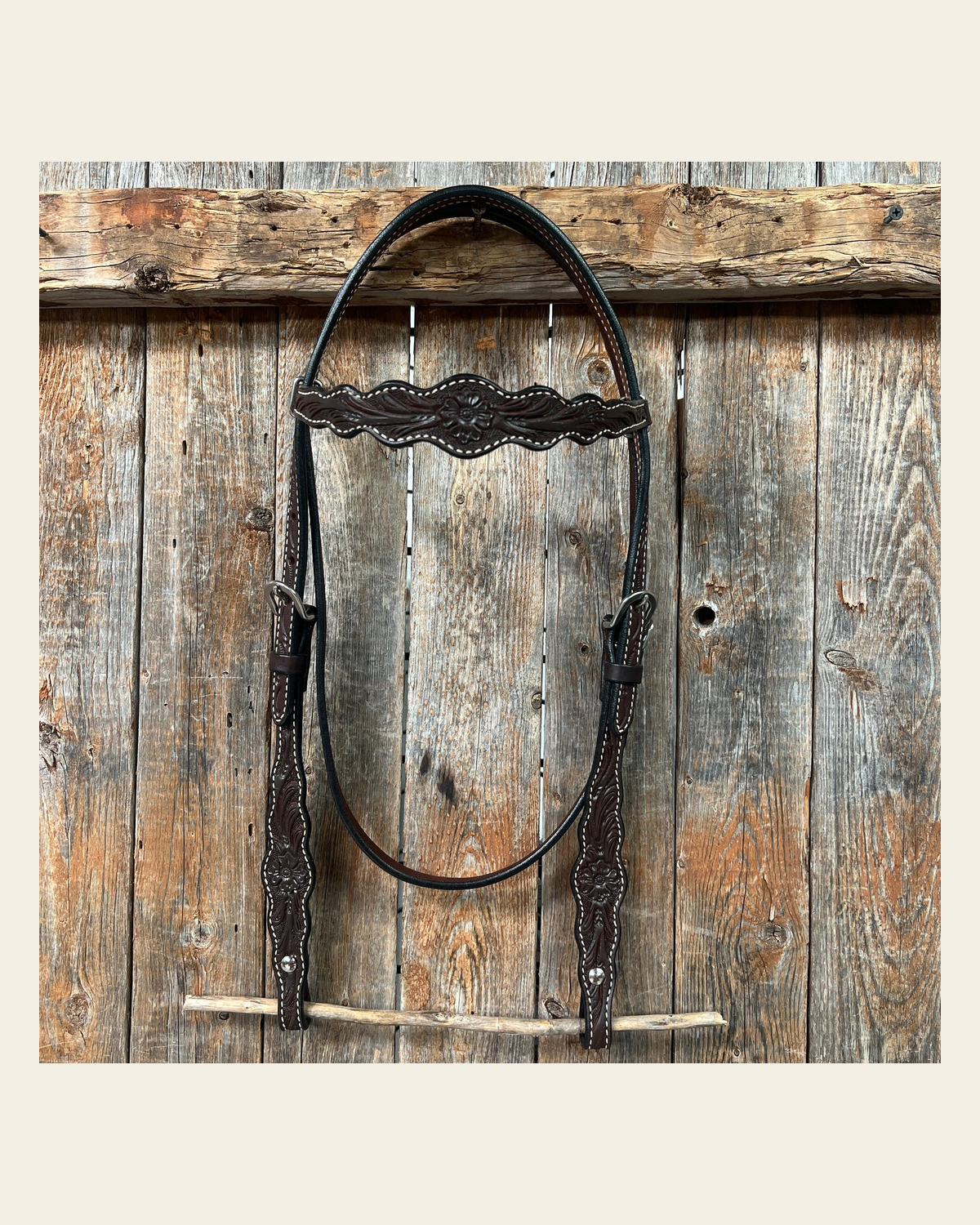 Floral Scalloped Dark Oil Browband Headstall / Bridle on a warm cream background