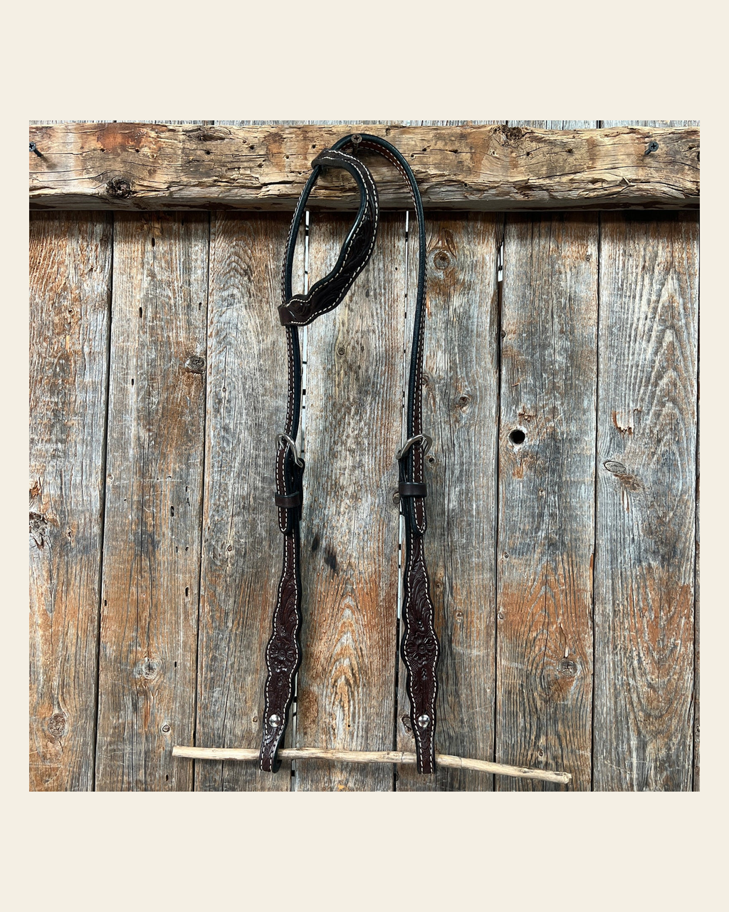 Floral Scalloped Dark Oil One Ear Headstall / Bridle on a warm cream background