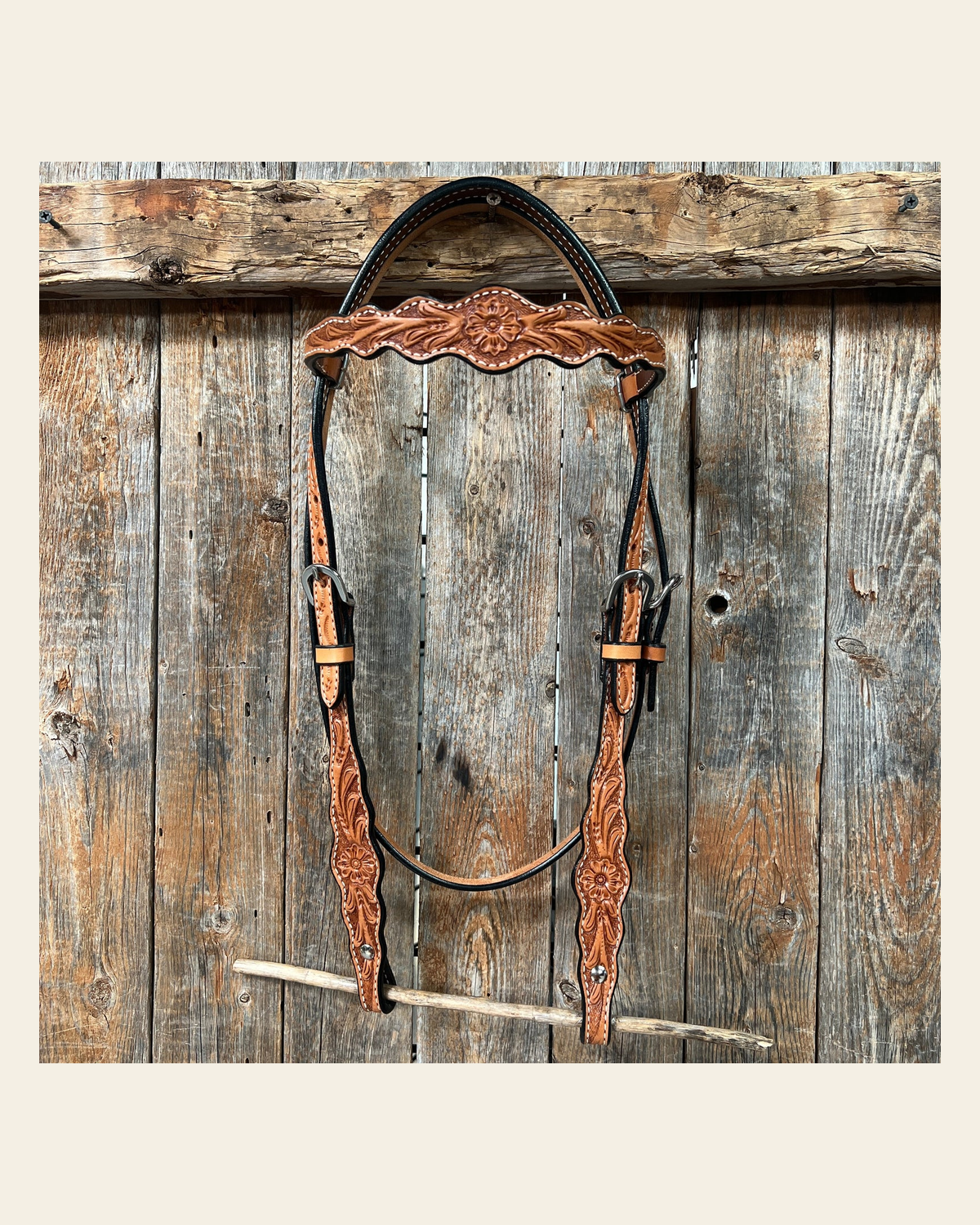 Floral Scalloped Light Oil Browband Headstall / Bridle on a warm cream background
