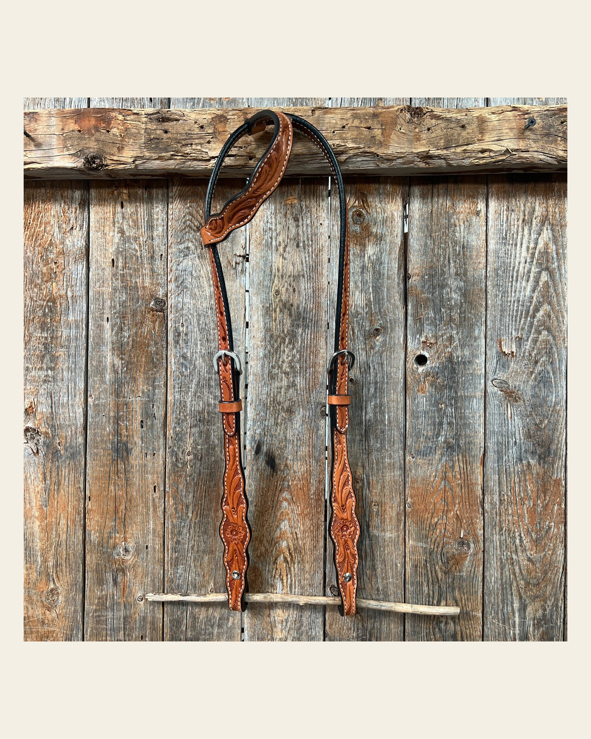 Floral Scalloped Light Oil One Ear Headstall / Bridle on a warm cream background