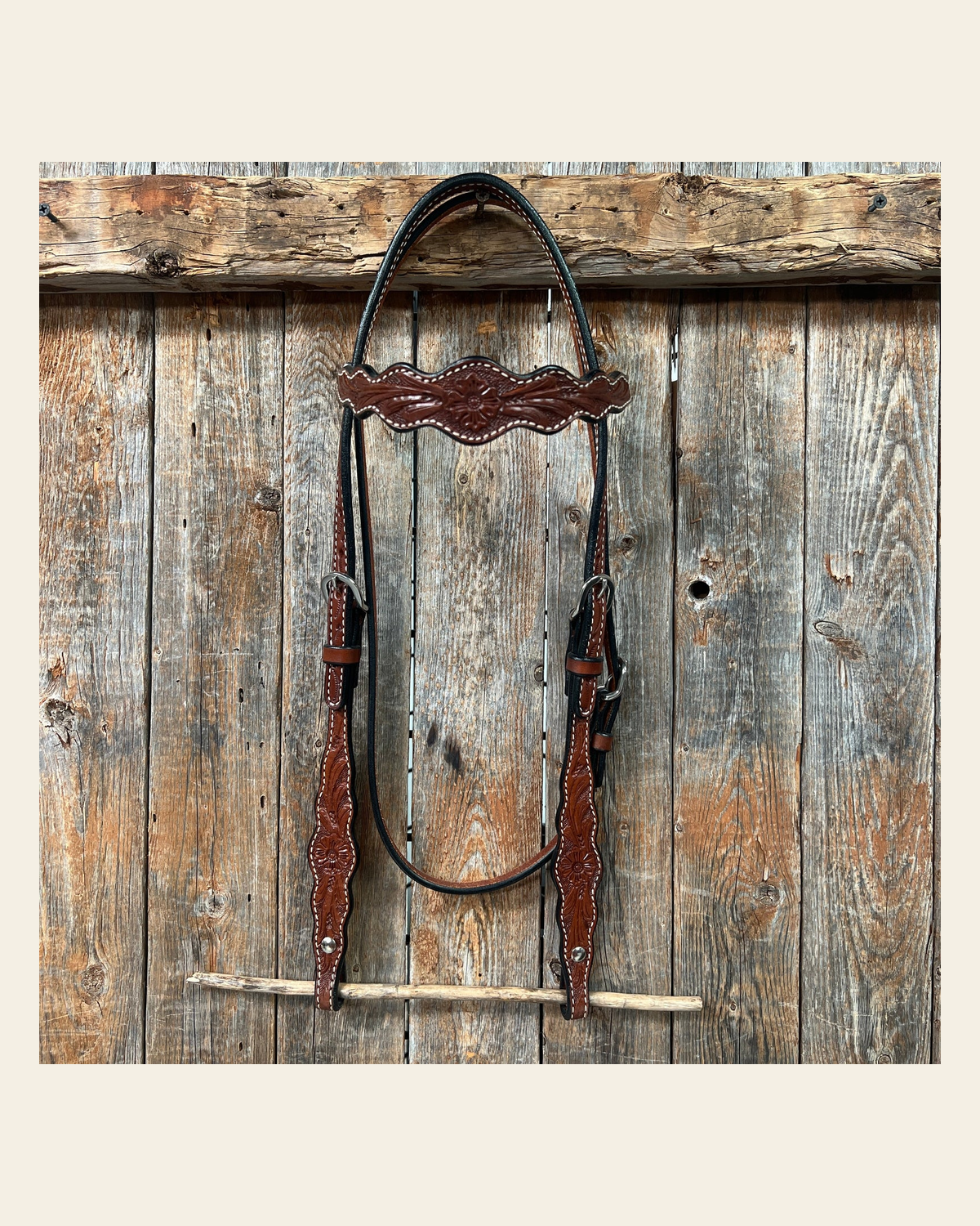 Floral Scalloped Medium Oil Browband Headstall / Bridle on a warm cream background