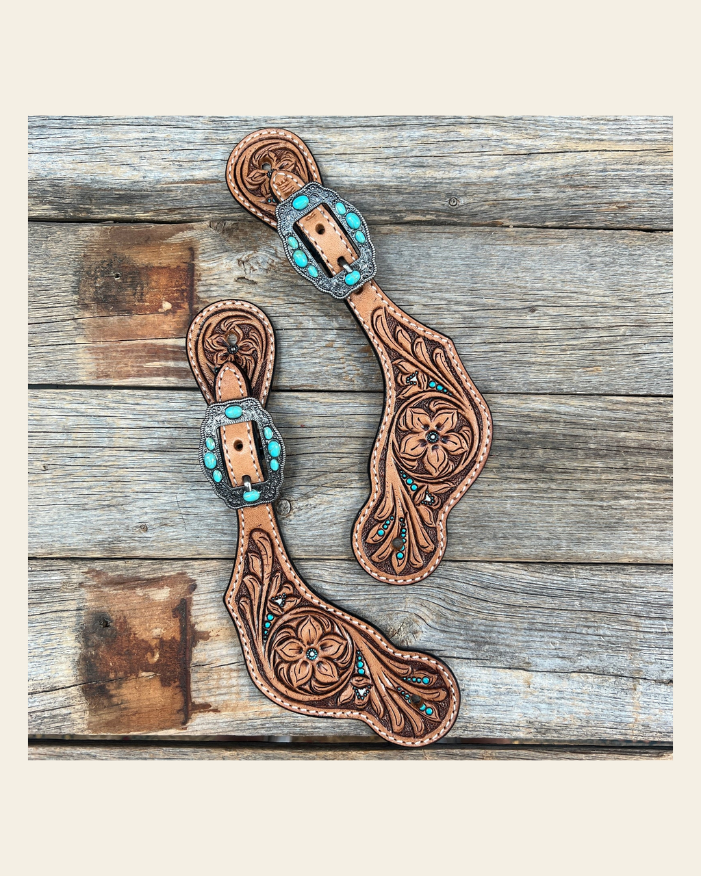 Floral Teal Dot Antique Silver Turquoise Spur Straps #SS125 on a warm cream background