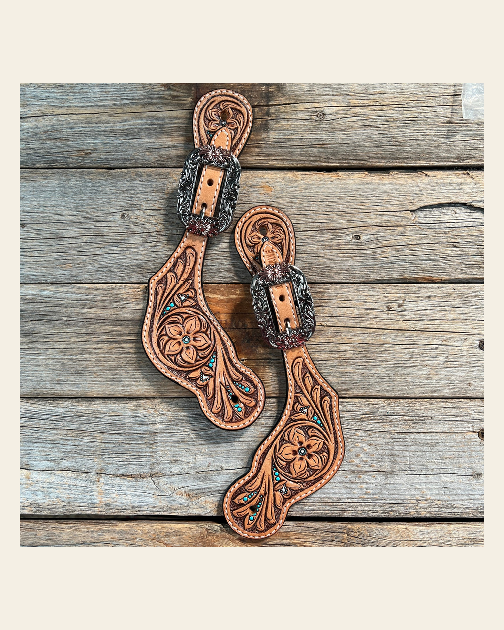 Floral Teal Dot Spur Straps - Copper Flower #SS106 on a warm cream background