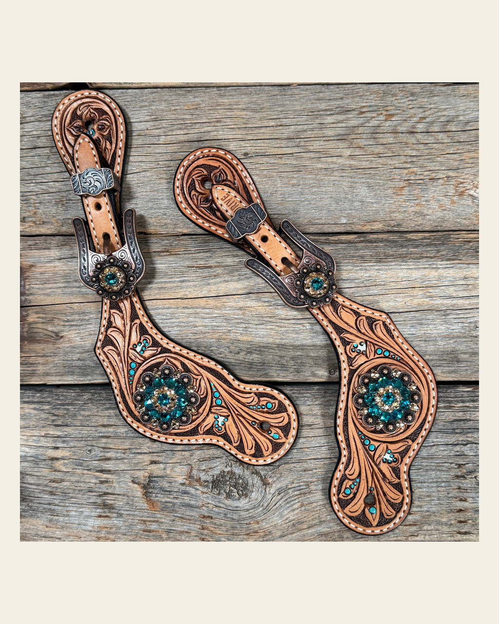Floral Teal Dot Spur Straps - Copper Teal, Champagne #SS133 on a warm cream background