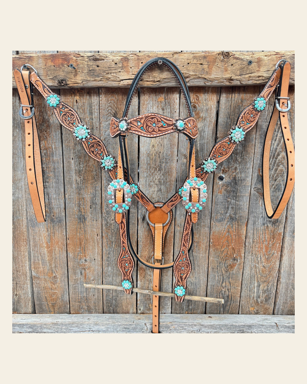 Floral Teal Dot Turquoise - Clear Browband/One Ear Headstall - Breastcollar Tack Set #BBBC669 on a warm cream background
