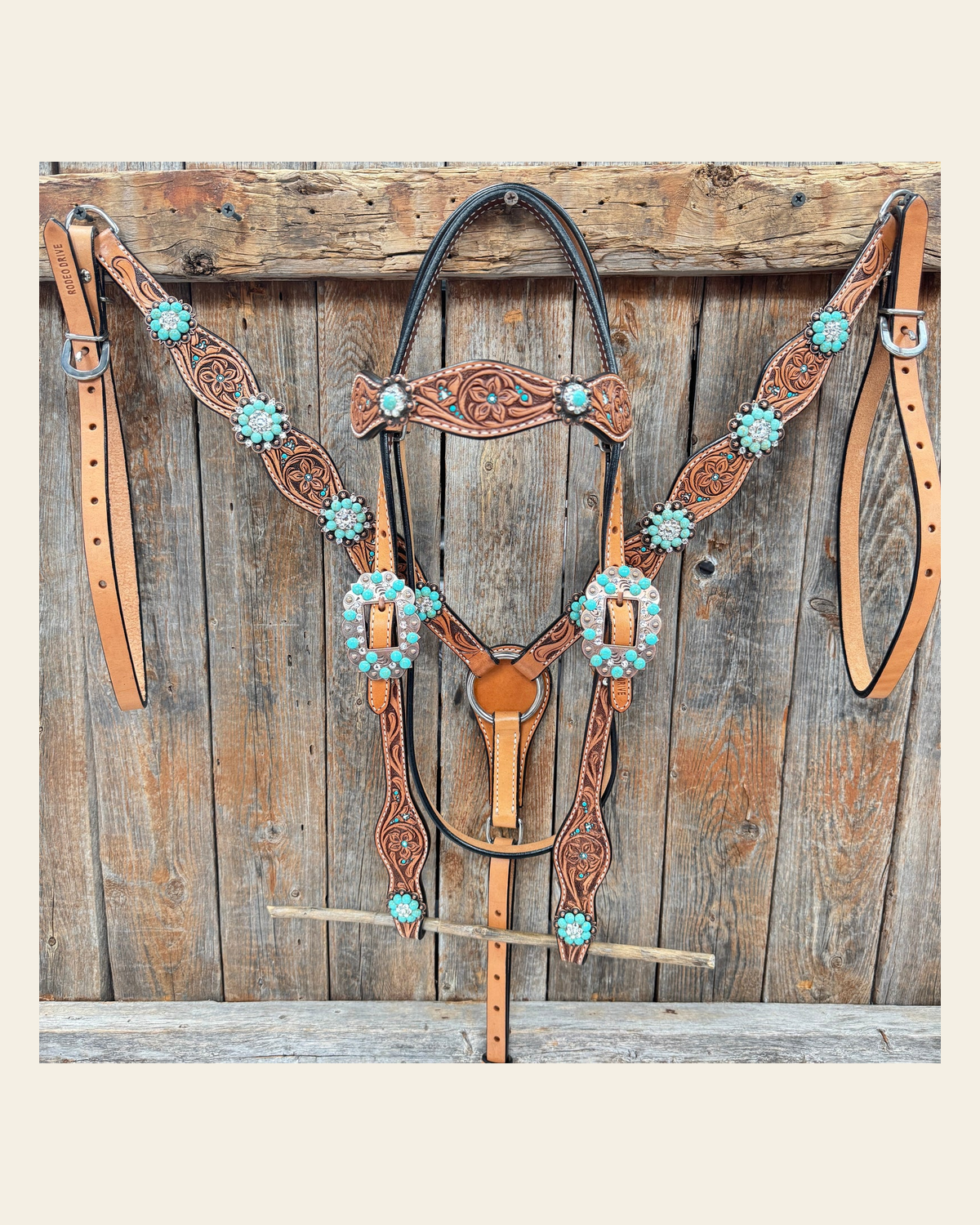 Floral Teal Dot Turquoise - Clear Browband/One Ear Headstall - Breastcollar Tack Set #BBBC669 on a warm cream background