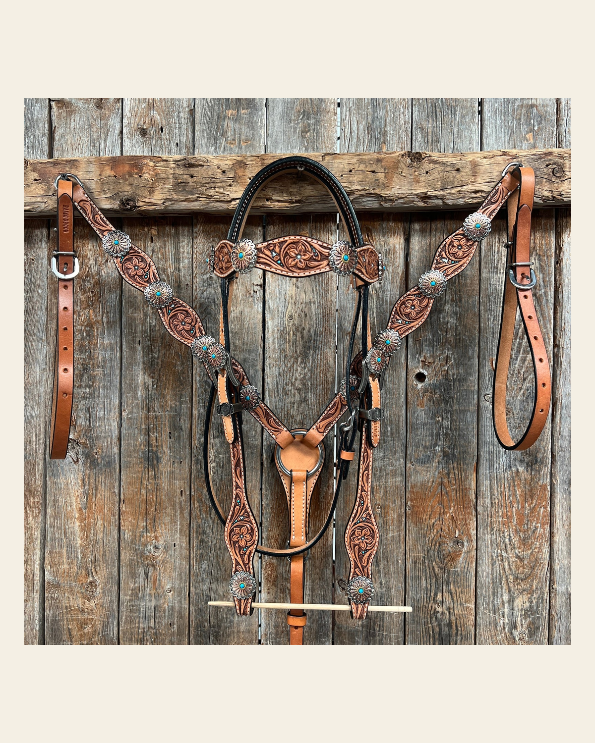 Floral Teal Dot Western Floral Browband/One Ear Headstall & Breastcollar Tack Set #BBBC593 on a warm cream background